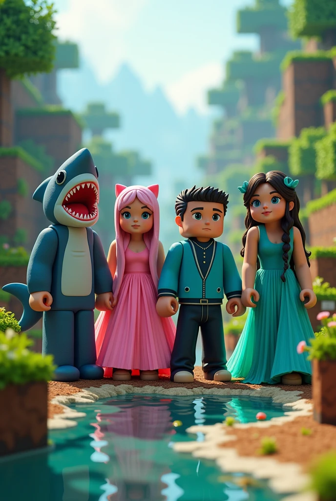 Four Minecraft characters, one in a shark costume, another one with a pink dress, another with a blue jacket, and black pants, and the other with a water green dress, with Minecraft background, realisitic
