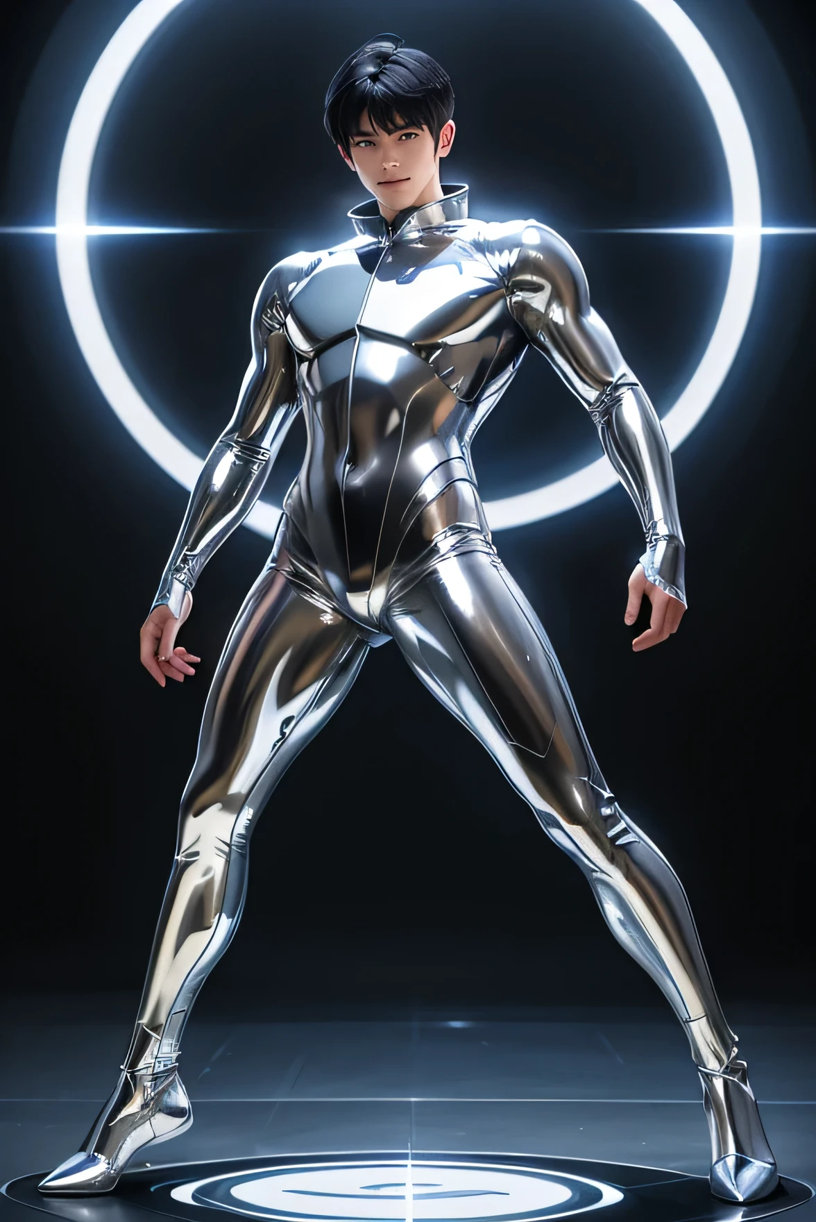 Japanese Male Ikemen Model　　22 years old　smile　　　Black Hair　　Short cut　Short bangs　From KaMeRa&#39;s perspective　　　　　Shiny full-body silver suit　　　Shiny silver latex suit　Me　　From KaMeRa&#39;s perspective　future world　　　　　 dynamic pose
