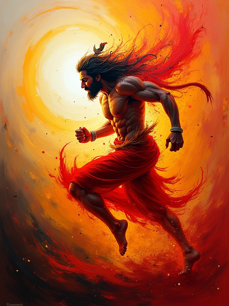 Create an abstract art painting that captures the dynamic energy and vitality of Lord Hanuman. Use bold, sweeping strokes to represent his powerful form, with bursts of red, orange, and gold symbolizing his fiery spirit. Incorporate abstract shapes resembling his mace, tail, and crown, interwoven with patterns that suggest movement and speed. The background can be a swirling vortex of energy, emphasizing his boundless strength and vitality, with hints of a glowing sun or fiery aura to represent his divine nature.