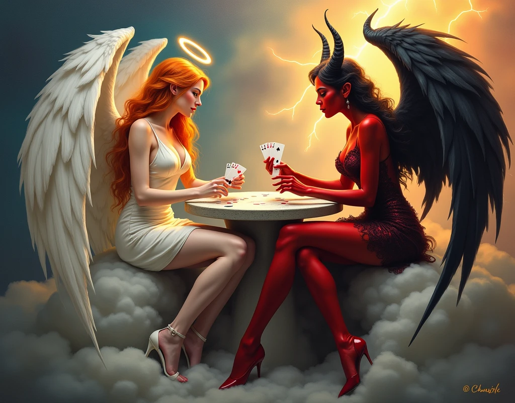 an epic oil painting, oil color masterpiece art angel and w demon playing a poker game of cards, a female angel wearing tight sexy dress, (white stockings: 1.3), high heels, dynamic color dress, pale skin, best details beautiful face ,dynamic hair color, busty, small cleavage, glowing halo, long  hair, orange hair, wavy hair, white angelic wings, BREAK, a female demon ((red skin: 1.5)), (black bat wings: 1.2), black demon horns, ,dynamic hair color, busty, small cleavage, red eyes, best details beautiful face, wearing a intricate dress glam dress, high heels, sitting and playing poker on a cloud, dynamic lightning, heaven background, vibrant, Ultra-high resolution, High Contrast, (masterpiece:1.5), highest quality, Best aesthetics), best details, best quality, highres, ultra wide angle, 16k, [ultra detailed], masterpiece, best quality, (extremely detailed),