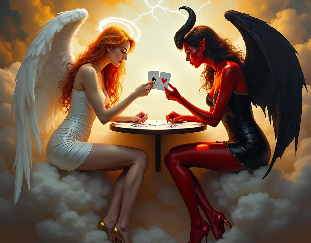 an epic oil painting, oil color masterpiece art angel and w demon playing a poker game of cards, a female angel wearing tight sexy dress, (white stockings: 1.3), high heels, dynamic color dress, pale skin, best details beautiful face ,dynamic hair color, busty, small cleavage, glowing halo, long  hair, orange hair, wavy hair, white angelic wings, BREAK, a female demon ((red skin: 1.5)), (black bat wings: 1.2), black demon horns, ,dynamic hair color, busty, small cleavage, red eyes, best details beautiful face, wearing a intricate dress glam dress, high heels, sitting and playing poker on a cloud, dynamic lightning, heaven background, vibrant, Ultra-high resolution, High Contrast, (masterpiece:1.5), highest quality, Best aesthetics), best details, best quality, highres, ultra wide angle, 16k, [ultra detailed], masterpiece, best quality, (extremely detailed),