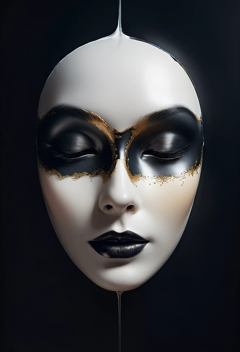 painting of a highest quality, digital painting, extremely Smooth, fluids, dream-like, Smooth, Sparkling, dream-like glow, Stylized color ink art by Anna Dittmann, Arthur Rackham, Wet black and white color inks line art dream-like feminine face mask, death mask, upper half of mask frontal with Smooth ceramic plastic surface, black canvas illustration, fractal style, ((floating mask)), ((Mask only)),center of cursive, symmetry, 4K modifier: 4K 3D, dark atmosphere, cinematic scene, volumetric lights, ultra realistic, in the style of nicola samori