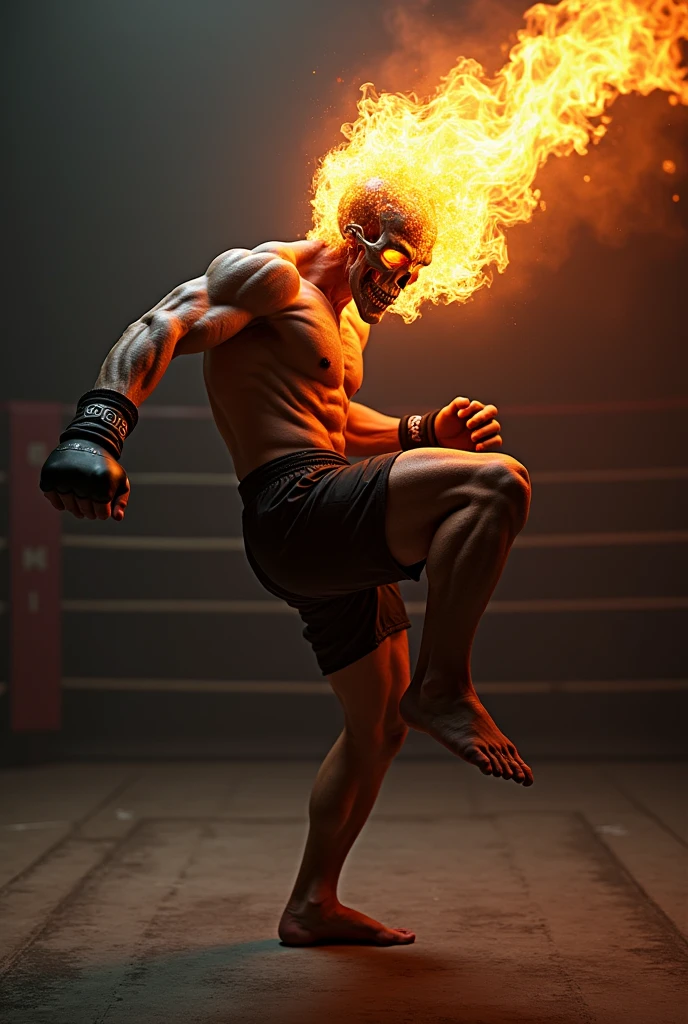 A muay thai fighter giving a knee strike and instead of a head he has a skeletal skull on fire