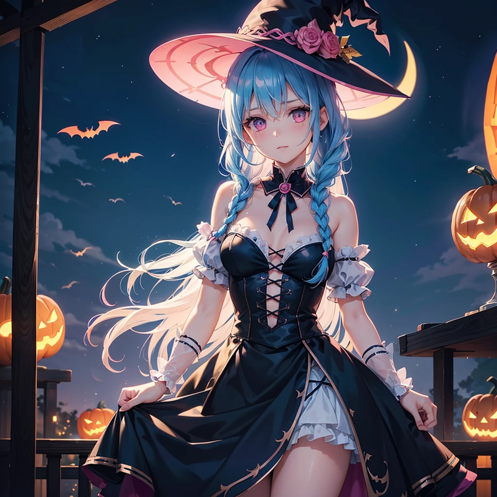 (Sky Blue Hair),(Braided medium hair:1.2), (Pink Eyes),Fair skin) ,(whole body),(One Girl),(Crescent Moon),(There are many pumpkin ghosts in the background),(If you don't give me sweets, I'll be mischievous.),Halloween Night Party),(masterpiece, Highest quality, Very detailed, Best Shadow), (Detailed Background), (Beautifully detailed face), High Contrast, (Best lighting, Very delicate and beautiful), ((Cinematic Light)), Hyper Detail,8k, Dramatic Light, Intricate details,Cute witch clothes,night,(Bats flying in the background),