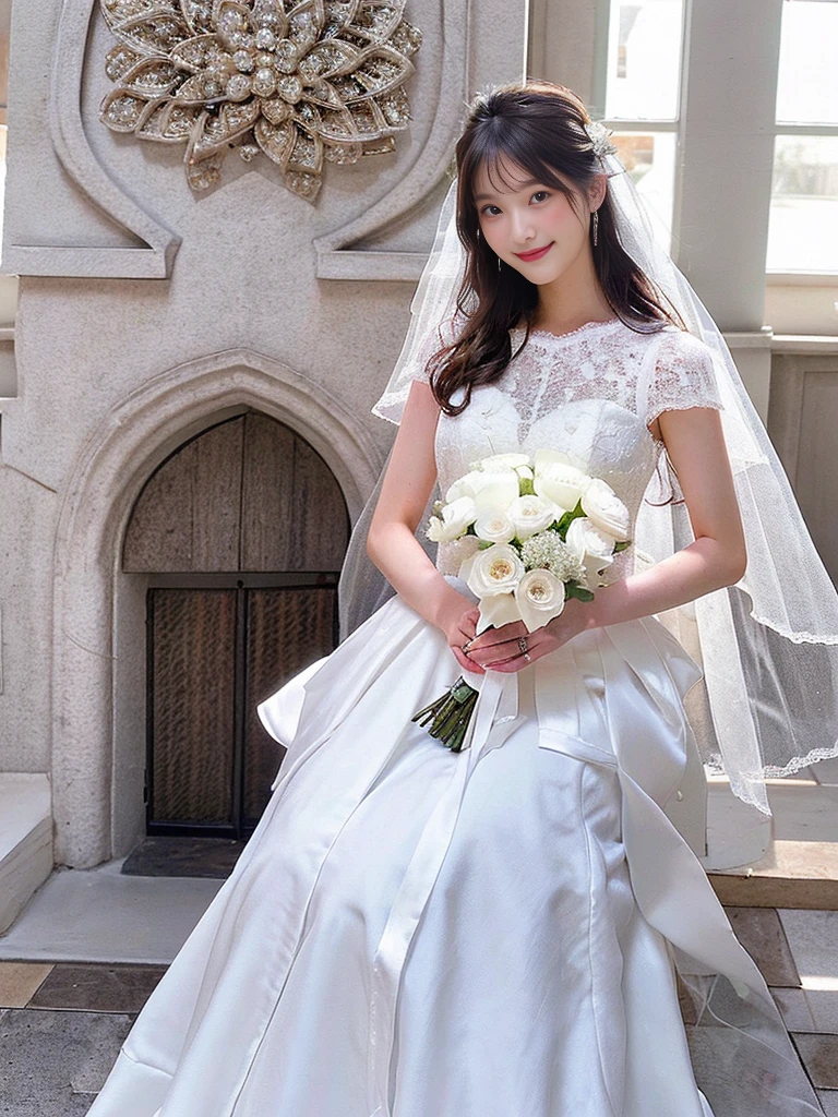 Photo-realistic quality、a woman in a wedding dress holding a bouquet of flowers、20 year old Japanese model、White Wedding Dress,Hanae Mori style wedding dress、lace prom dresses、looking at the camera、Detailed and beautiful eyes、Cute smile、Relaxed and gentle expression