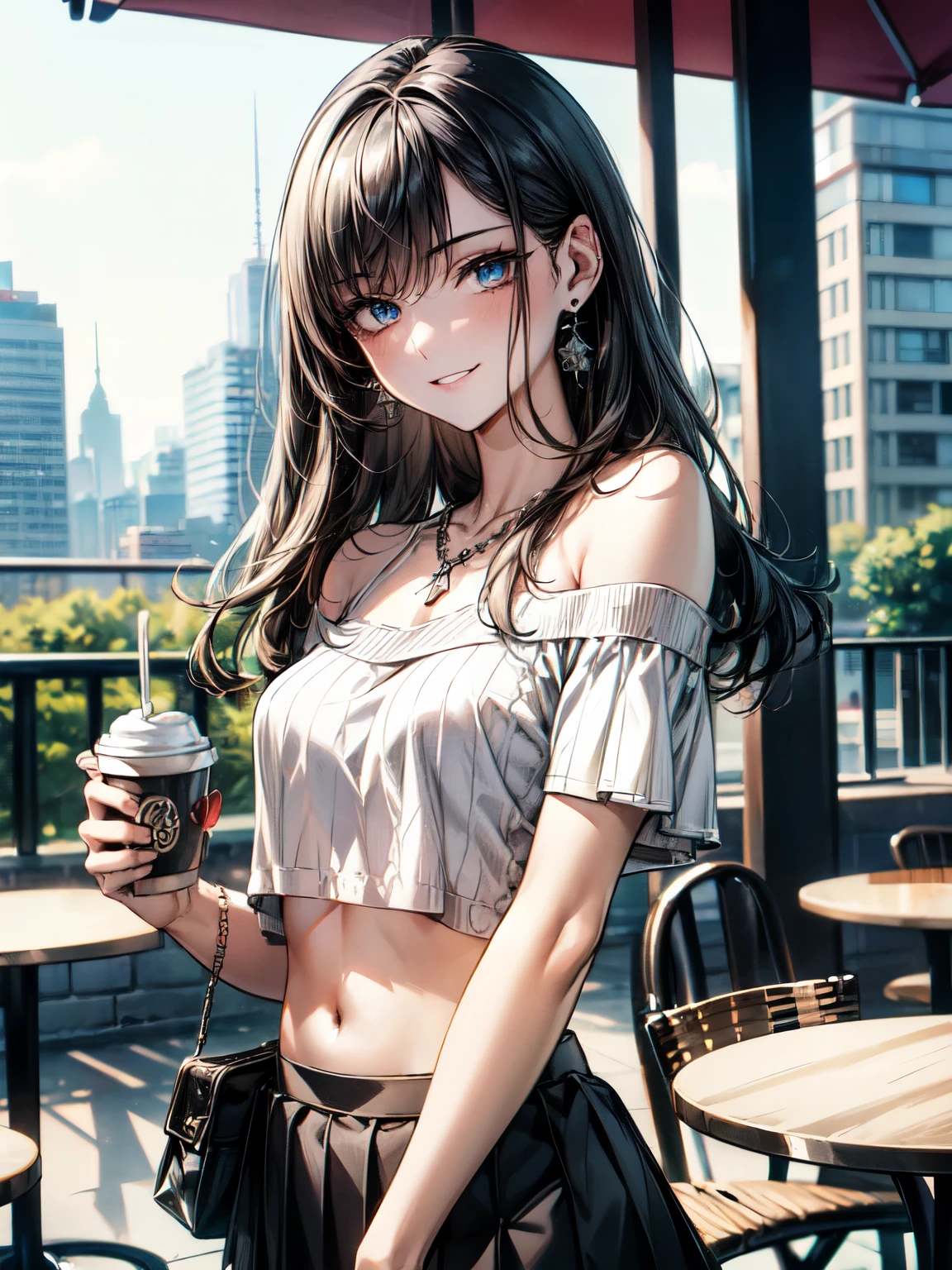 (RAW photo:1), (best quality:1.3), (masterpiece:1.3), (ultra-detailed:1.3), (beautiful:1), (beautiful detailed eyes:1.1), (extreme detailed illustration:1.3), (professional lighting, face lighting:1.2), (perfect anatomy, left to right balance, beautiful eyes:1.3), soft light, beautiful body, (20 years old:1.2,) (black hair:1.2), long straight black hair:1.3, (gray eyes:1.2), (small breast), (small breast), beautiful body, model body type, teacher, serious and vigilant, extreme detailed illustration, (portrait of a person, DSLR style, shallow depth of field, background blur, bokeh effect, f/1.8:1.1), 1girl, (smile:1.2), (cute:1.2), happy, twenties, looking at viewer, wearing trendy outfit, (white off-shoulder knit top, short sleeve knit top, cropped knit top, bare belly button, detailed texture, fitted, casual attire, pleated mini skirt), Silver chain necklace with small charm, simple silver earrings, silver bracelet, , Silver chain necklace, piercings, silver bracelet, tilting head, woman enjoying coffee on a cafe terrace, cafe terrace in a busy urban setting, tables and chairs, people relaxing, cityscape background, urban setting, tables and chairs, cityscape background, afternoon sun, wide angle