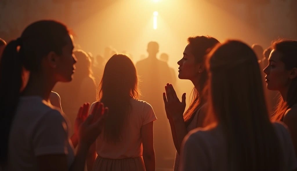 Create a realistic image of a group of people gathered in prayer, surrounded by a peaceful and warm atmosphere. The setting is a serene, softly lit room with a subtle glow illuminating their faces. The people have their heads bowed and hands joined, conveying a deep sense of gratitude and reverence. Above them, a soft, radiant light symbolizes the presence of God's goodness and greatness, adding a divine ambiance to the scene. The overall mood is one of unity, worship, and heartfelt praise