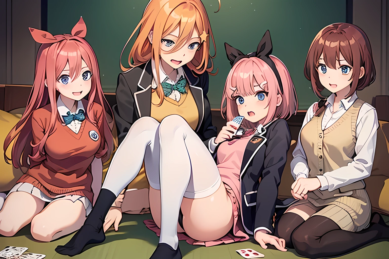 (((Playing a Old Maid:1.4, card game:1.2))), five girls are characters of the Quintessential Quintuplets, 
One of five girls,
BREAK. 
(Nakano Ichika:1.3, Pink Hair:1.2, Short Hair, cardigan Around waist, Blazer), 
One of five girls,
BREAK. 
(Nakano itsuki:1.3, Red Hair:1.1, Long Hair, Star Hair Ornament, Ahoge, Red Sweater, White socks, blazer), 
One of five girls,
BREAK. 
(Nakano Nino:1.3, pink hair, butterfly hair ornament,thighhighs, Black cardigan), 
One of five girls,
BREAK. 
(Nakano Yotsuba:1.3, Orange Hair, green hair bow, green bowtie, Yellow Sweater:1.2, blazer), 
One of five girls,
BREAK. 
(Nakano Miku:1.3, Brown Hair, Hair between eyes, Blue cardigan, Headphones, Pantyhose, blazer), 
((masterpiece:1.1, best quality))