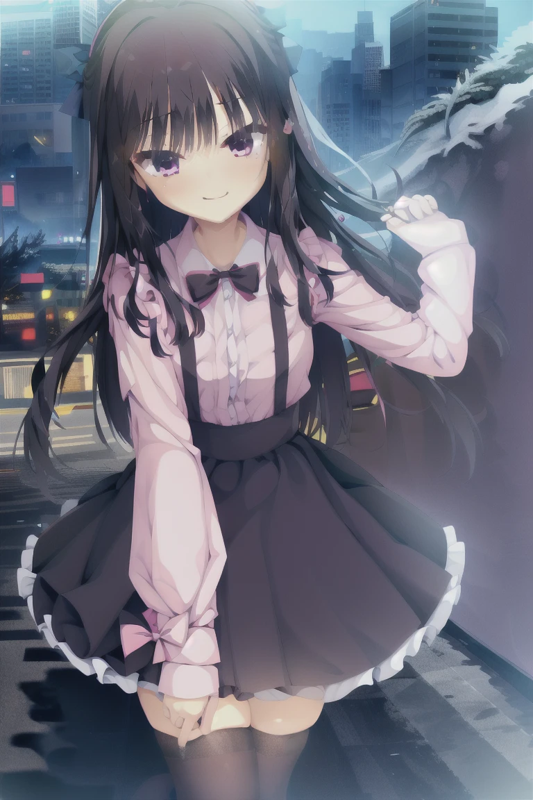 1girl,独奏,smiling_happily,long_hair,blush,bangs,skirt,shirt,black_hair,long_sleeves,bow,very_long_hair,purple_eyes,hair_bow,frills,puffy_sleeves,collared_shirt,black_skirt,bag,two_Side_up,dress_shirt,black_bow,depth_of_field,lace_trim,puffy_long_sleeves,pink_shirt,emphasis_lines,jiraikei_fashion,thighhighs,outdoor,night,City night view,skyscraper,Rooftop,whole body, expensive_solve, clear_image, expensive_Contrast, 8k, Sparkling, beautiful_detailed_face_and_eye, (Black Hair:1.25), 白 eye,