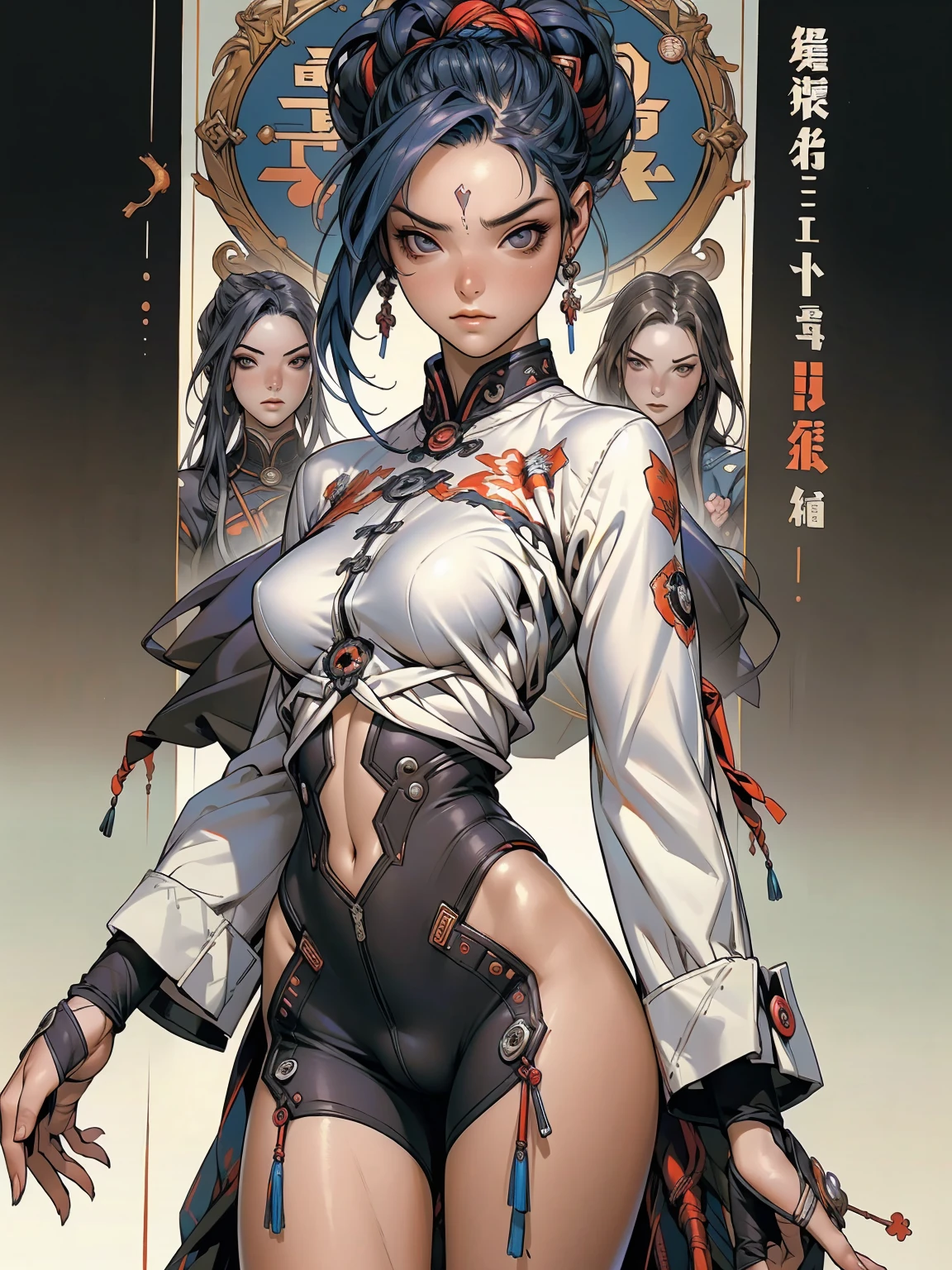 (((best final quality))), ssmile(((standing alone:1.2))),(((1 girl:1.2))),((((beautiful perfect woman)))),(((perfectbody detalhado, perfect finger detailed))),((((((final film poster)))))),(((to burst, close up))),((((detailed complicated machine)))),(((((mechanical genius))))),(((American comics))),(((extreme highlights))),(((extremely colorful, primary colours))),neckleace, super beautiful lady,(((Typography))),text, (Unbeatable masterpiece), (hiper HD),(CG 8k hyper-realistic), (((brave face))), (((breasts big))), (((hyper feminine))), (((musclegirl))), sexly girl, king of fighter,(straight hair with thin braids)), ((( sculptural body ))), (((1 girl))), garota de 25 anos com perfectbody,,Beautiful and well-groomed face,muscular body:1.2,solid color detailed jacket, (Head to thigh photos), Complex equipment, (((standing alone))), pirralha violent, ((())), sexly, pose de atitude, work of art, post-apocalypse, (((manga style))), bounty hunter, violent, Manic, the way you want, slenderbody, thin but strong, perfectbody, roupa moderna, advanced technology, neon, sleeves with vertical striped pattern, intricate background, (( cowboy shot )). intricate visual