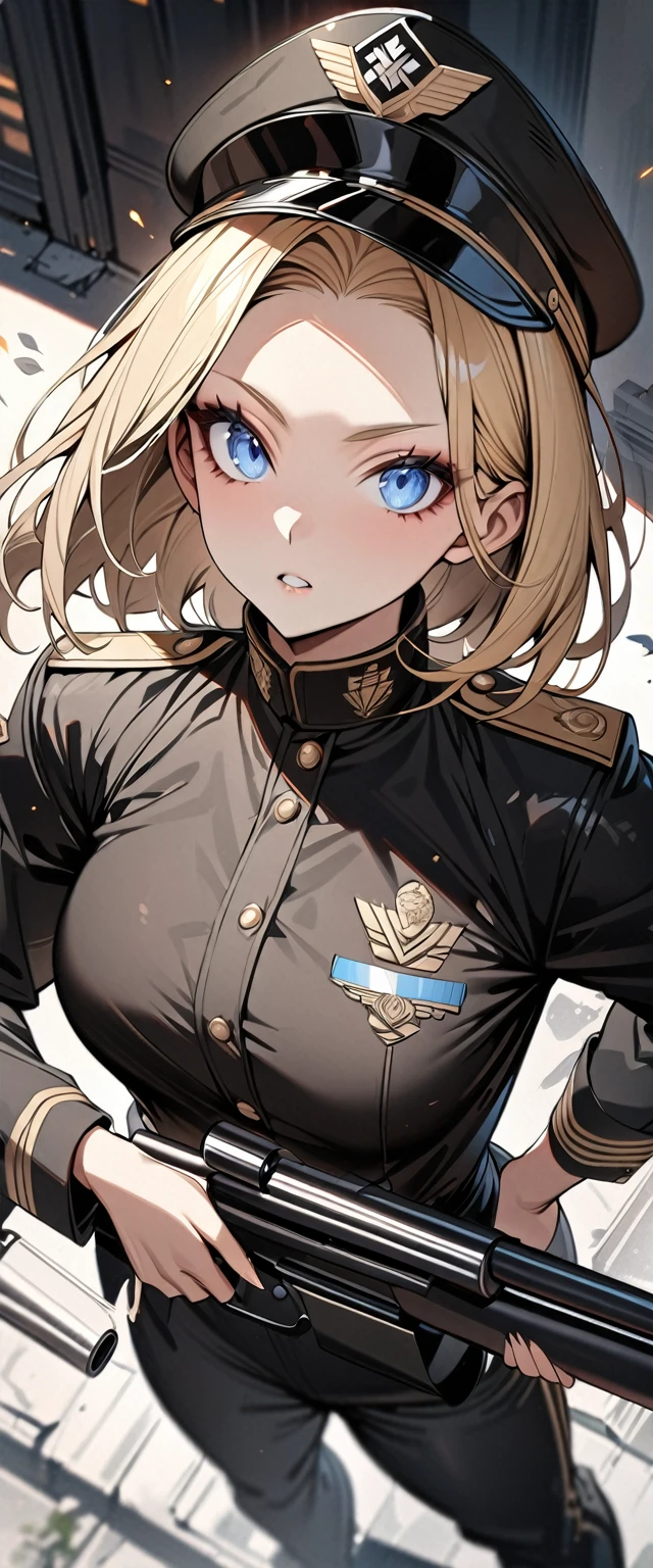 Bobcut　Blonde　forehead　soldier　Nazis　uniform　Officer　陸軍Officer　Black costume　Army Costume　Army Caps　Long sleeve　Long trousers　From above　((Loose-fitting clothing))　Holding a gun　Holding a sniper rifle　((Upper Body))　Big eyes　Blue eyes　Highest quality　Super detailed　detailed woman　High quality　8k　