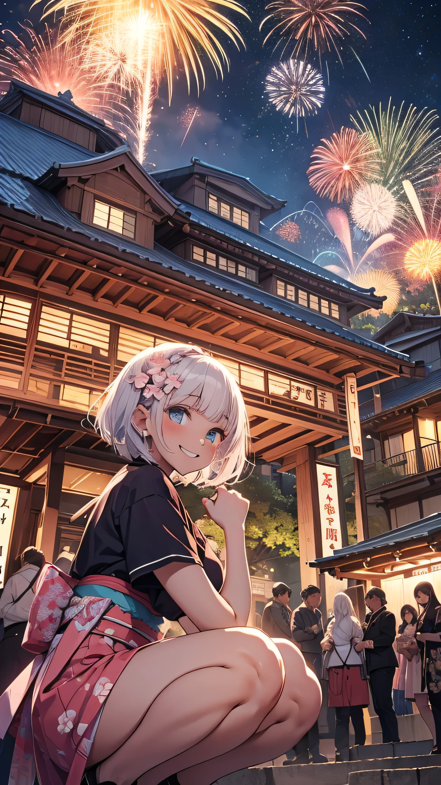 squatting, ((panties)), from the front, from below, ((Hold a white card))、One Girl、solo, Beautiful silver hair、((((Very short hair))))、Blue eyes、(French braids)、((Blunt bangs)), ((Medium Chest)), 24-years-old, (tsurime), Tight waist、happy smile、night、Fireworks display、Big and colorful fireworks burst into the night sky、Large crowd、Japan Shrine Festival、((Colorful pink furisode))、Long flower hair ornament、Shallow depth of field