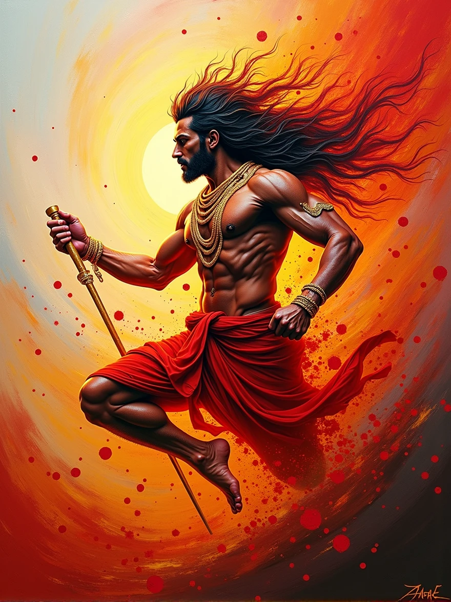 Create an abstract art painting that captures the dynamic energy and vitality of Lord Hanuman. Use bold, sweeping strokes to represent his powerful form, with bursts of red, orange, and gold symbolizing his fiery spirit. Incorporate abstract shapes resembling his mace, tail, and crown, interwoven with patterns that suggest movement and speed. The background can be a swirling vortex of energy, emphasizing his boundless strength and vitality, with hints of a glowing sun or fiery aura to represent his divine nature.