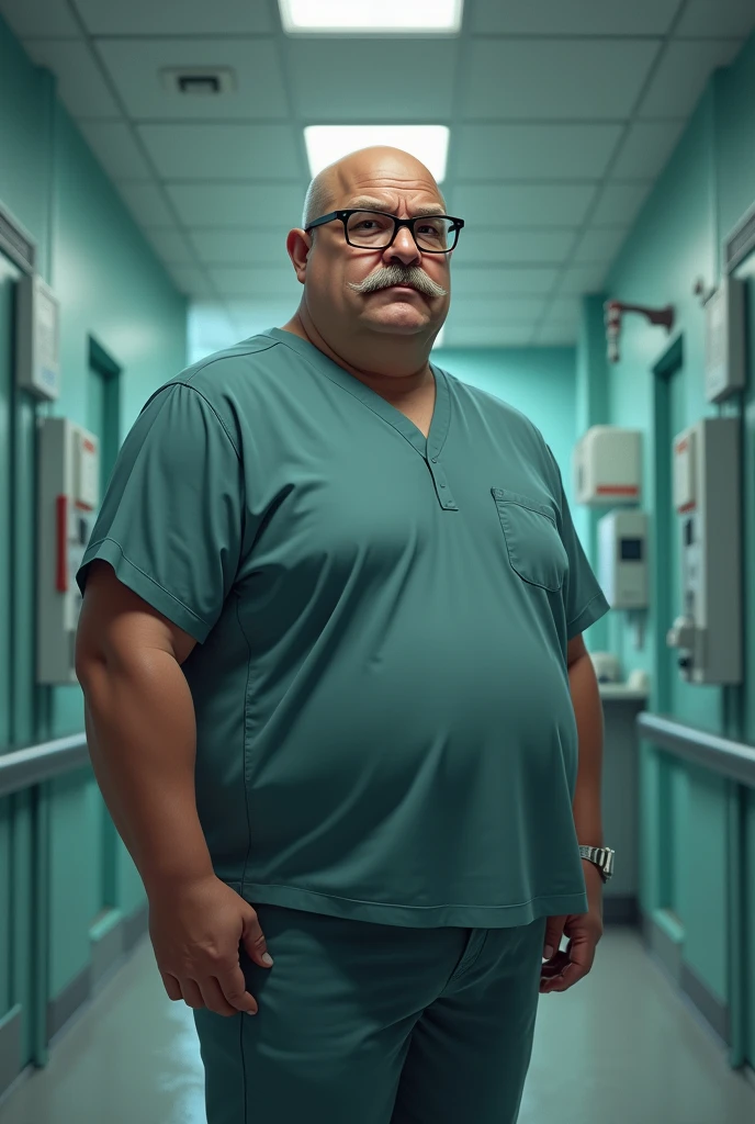 A 50 year old fat man. His height is short. He is bald. He has a big moustache. He has no beard. He wears a specs. He wears shirt and pant. His full size picture from head to toe. He is standing in a hospital in front of ICU