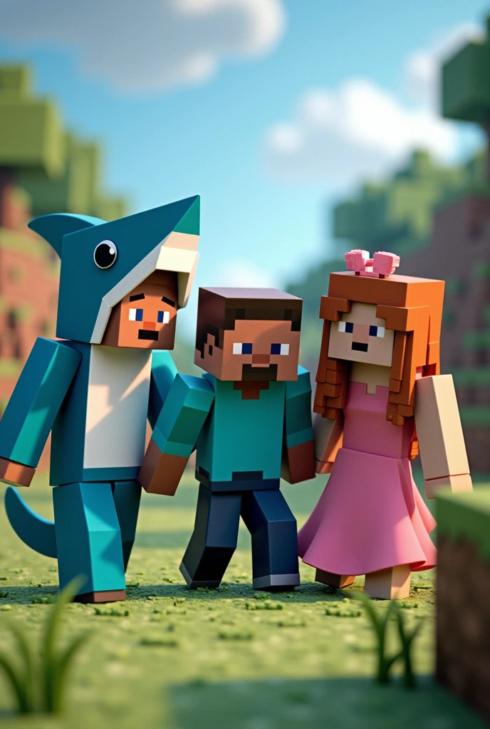 Four Minecraft characters, one in a shark costume, with chocolate skin, another one with a pink dress, another with a blue jacket, and black pants, and the other with a water green dress, with Minecraft background, realisitic