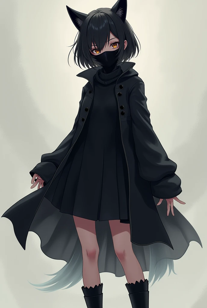 Female, Anime, Short black-haired, Faired skin, Black fox mask covering her face, Black long-sleeved shirt, Black medium-skirt, Black boots