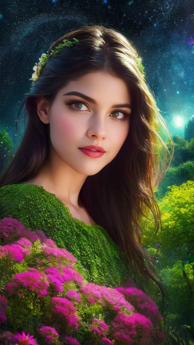 a beautiful girl in a lush garden, surrounded by colorful flowers, gazing up at a starry night sky, (best quality,4k,8k,highres,masterpiece:1.2),ultra-detailed,(realistic,photorealistic,photo-realistic:1.37),extremely detailed eyes and face,longeyelashes,detailed flower petals,detailed starry night sky,vibrant colors,cinematic lighting,intricate background details,fantasy,dreamlike