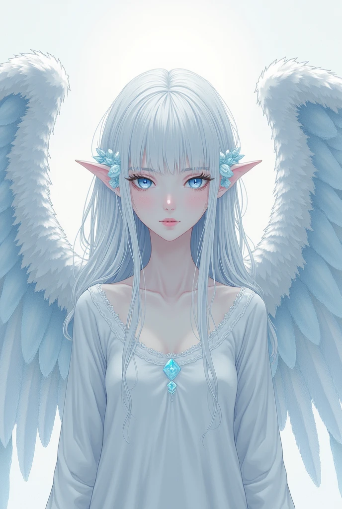 An illustration androgynous person Angel Wings Her skin is white and her lips are pale pink The eyes are light blue and clear. Clothing that doesn't reveal much skin Her hair is silver with some blue mesh Do not look forward when looking from the side human