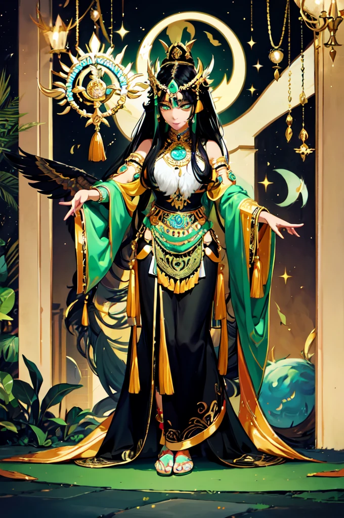 a close up of a person in a dress and headdress, wearing an elegant tribal outfit, wearing an ornate outfit, dress made of feathers, beautiful costume, in costume, exotic costumes, wearing a dress made of beads, in a fancy elaborate dress, wearing authentic attire, aztec queen, elaborate costume, authentic costume, traditional costume, wearing a feather dress, traditional dress, anime style, indonesia traditional clothing, black tight clothing, golden jewlery, lots of feather on head, plants and flowers on head, black dress, traditional clothing, indonesian, dark skin, light smile, green eyes, (green eyes:1.3), (black hair: 1.2), tilted head, bornfire, night time, moon light, coconut trees, lots of food on table, traditional festival, dancing, arms up, belly dance, half closed eyes, highly detailed, every strand of hair visible, silvaute, wrinkles on clothes, messy hair, very very very detailed hair