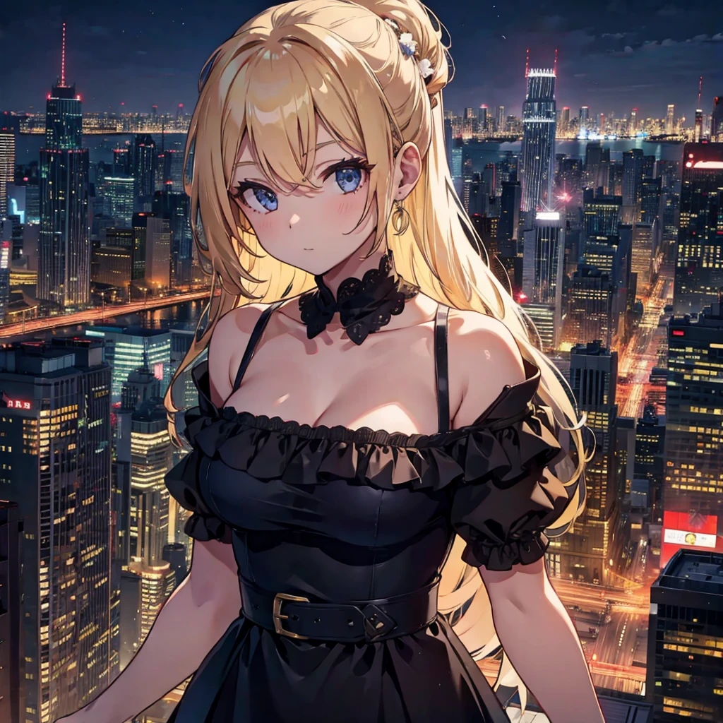 masterpiece, best quality, highly detailed background, perfect lighting, best quality, (extremely detailed face), volumetric lighting, intricate details, shadow, tonemapping, sharp focus, hyper detailed, trending on Artstation, (solo) ((Looking at the viewer)), ((city night background)) .Girl with medium blond hair. Blue eyes. curvy. Blush, Clear skin. Big bust. ((black, Goth, casual, clothes)) ((Gothic dressed)). Gothic shoes.