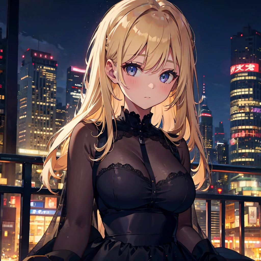 ((1Girl)),((28 years old)), ((Softly pinned Half Up do)), Blonde hair, Exaggerated Body, Sexy, Black Dress,((city background)), Close up, ((Adult))