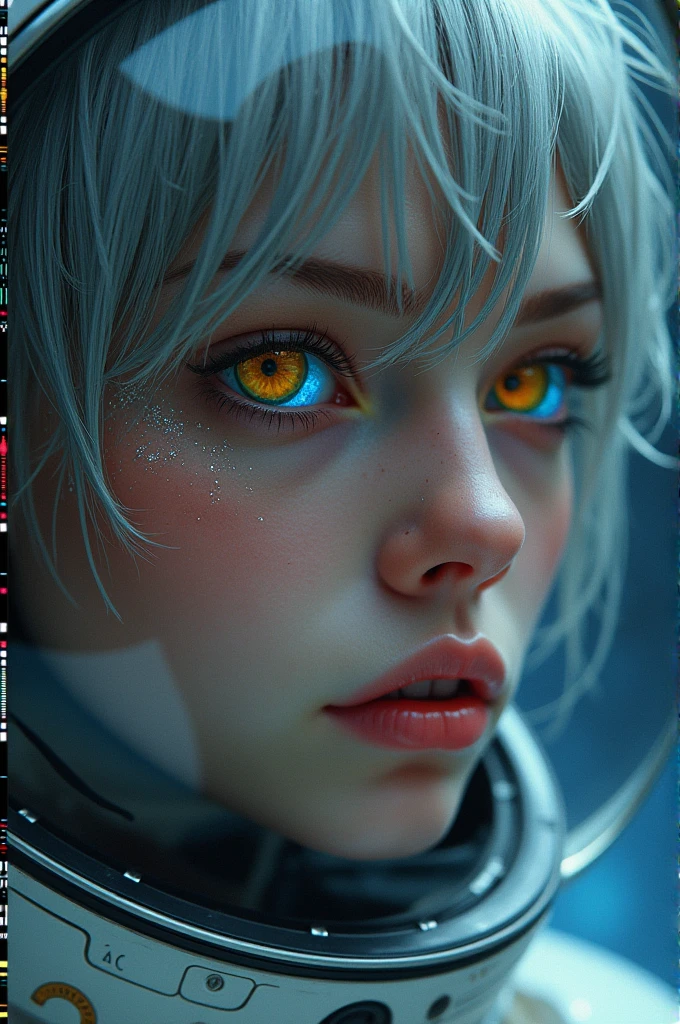 A closer look at a better masterpiece：1.5)0.9]、(Space and astronauts：1.2) (Disheveled silver hair：1.1) (Heterochromia and Yellow and Blue Eyes：1.2) (Space Helmet：1.0) (Colored stars in the eyes：1.0) (Shining Light：1.1) (Thick lips：0.9)