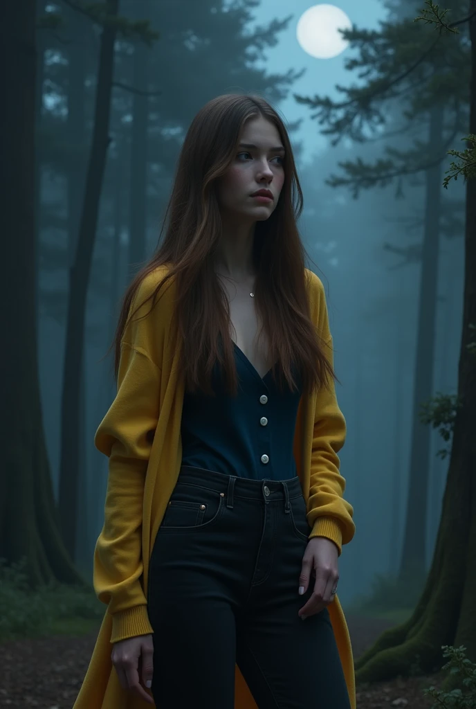 Fille long cheveux bruns portant un pull jaune qui descend de ses epaules sur un habit bleu nuit un jean noir, de dos, debout dans une forêt très brumeuse la nuit ;a droite de l'image , cyberpunk