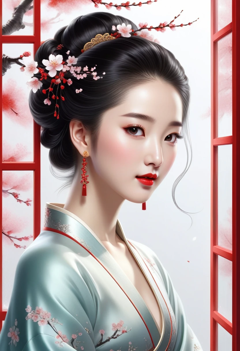 A sparkling, gorgeous jewel, Minimalist design, Public figure, reply, Ancient Beauty, Looks like Liu Yifei., window fairy, Edo hairstyle, Red lips smiled like cherry blossoms, Curved posture, white background, raised an eyebrow, Not messy, enlargement, rococo style, animation style, high detail, Contemporary art