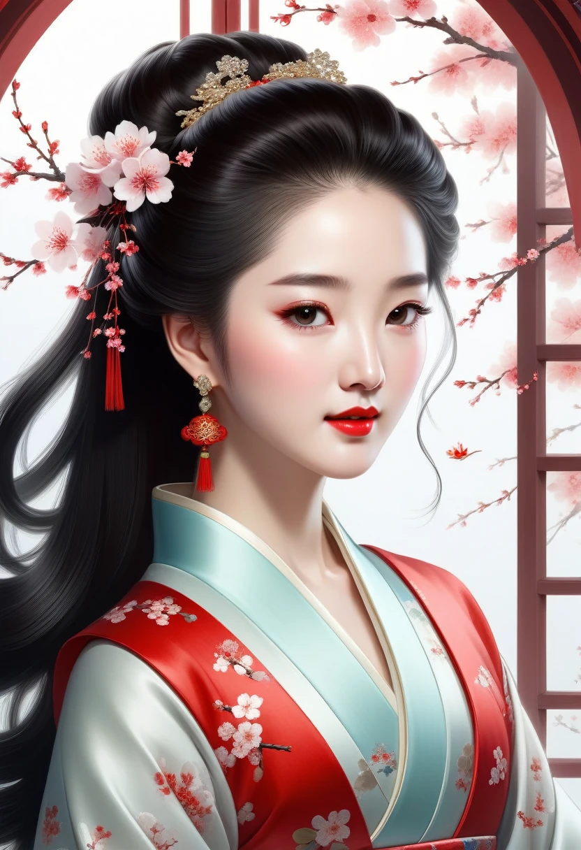A sparkling, gorgeous jewel, Minimalist design, Public figure, reply, Ancient Beauty, Looks like Liu Yifei., window fairy, Edo hairstyle, Red lips smiled like cherry blossoms, Curved posture, white background, raised an eyebrow, Not messy, enlargement, rococo style, animation style, high detail, Contemporary art