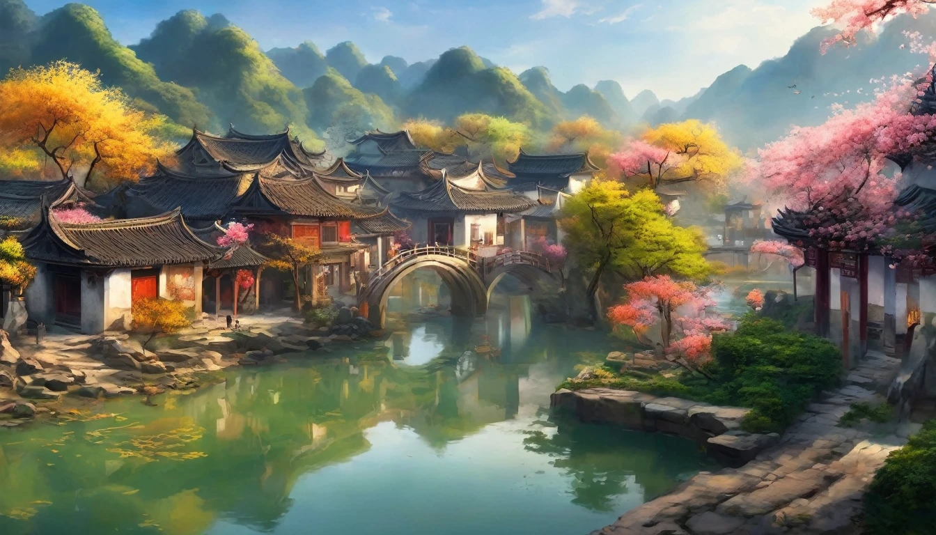 （Bright colors），（Semi-realistic），中国古代充满活力of河畔景色，(平静of河水)Shown in(典雅of拱桥)Oblivion，(Local villagers)of(风景如画of住宅)，（Ming dynasty depiction：1.1），Jiangnan Ancient Town，Bridge over the River，繁华城市外of宁静农田，（阳光明媚of早晨:1.2），（Fine brushwork：1.1），Dynamic depiction，Panorama of the waterof edge，真实of氛围，Vivid and real，迷人of魅力，丰富of画面，8K resolution