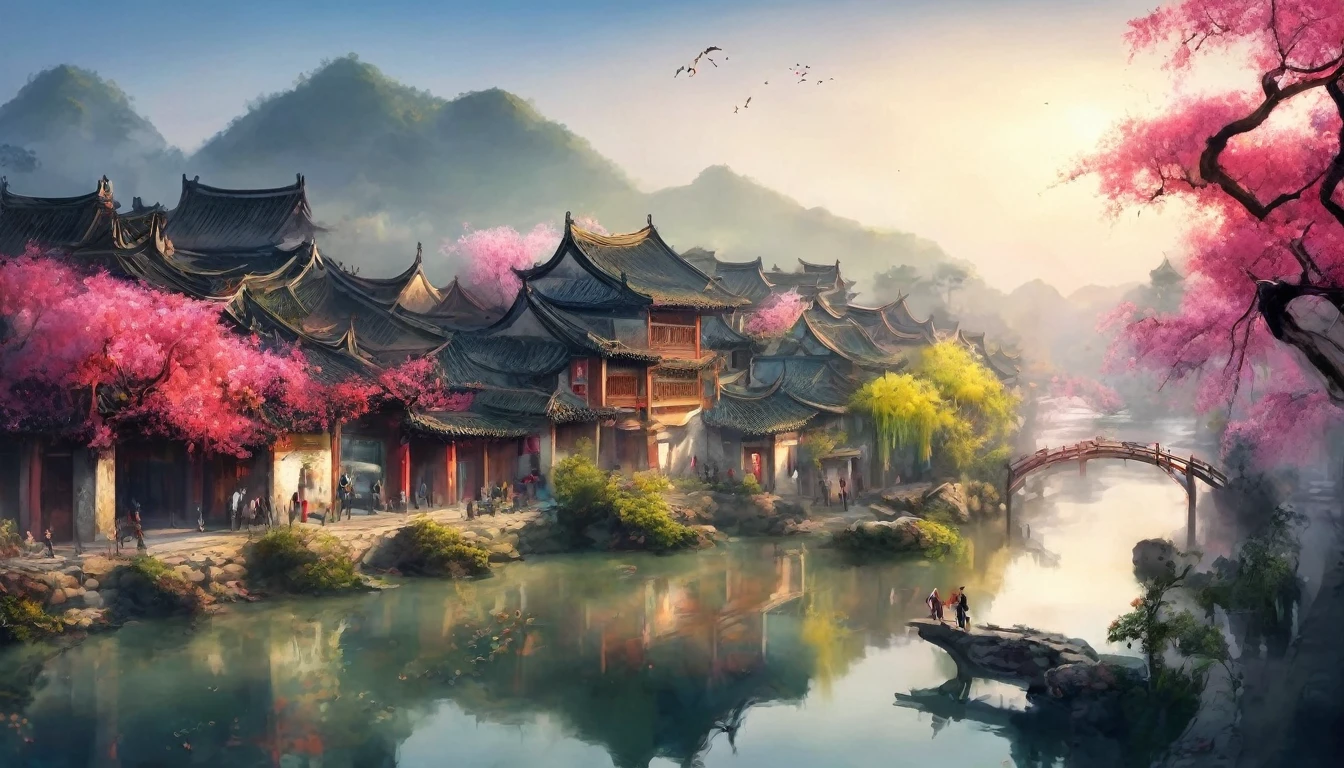 (Bright colors),(Semi-realistic),中国古代充满活力of河畔景色,(平静of河水)Shown in(典雅of拱桥)Oblivion,(Local villagers)of(风景如画of住宅),(Ming dynasty depiction:1.1),Jiangnan Ancient Town,Bridge over the River,繁华城市外of宁静农田,(阳光明媚of早晨:1.2),(Fine brushwork:1.1),Dynamic depiction,Panorama of the waterof edge,真实of氛围,Vivid and real,迷人of魅力,丰富of画面,8K resolution