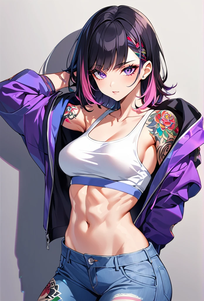 anime screencap, city, 1girl, solo, short hair, black hair, purple eyes, looking at the viewer, hair between eyes, lustful, closed mouth, ass, camel's foot, wide hips, short top, short shorts, unbuttoned shorts, squatting, legs apart, erotica, back