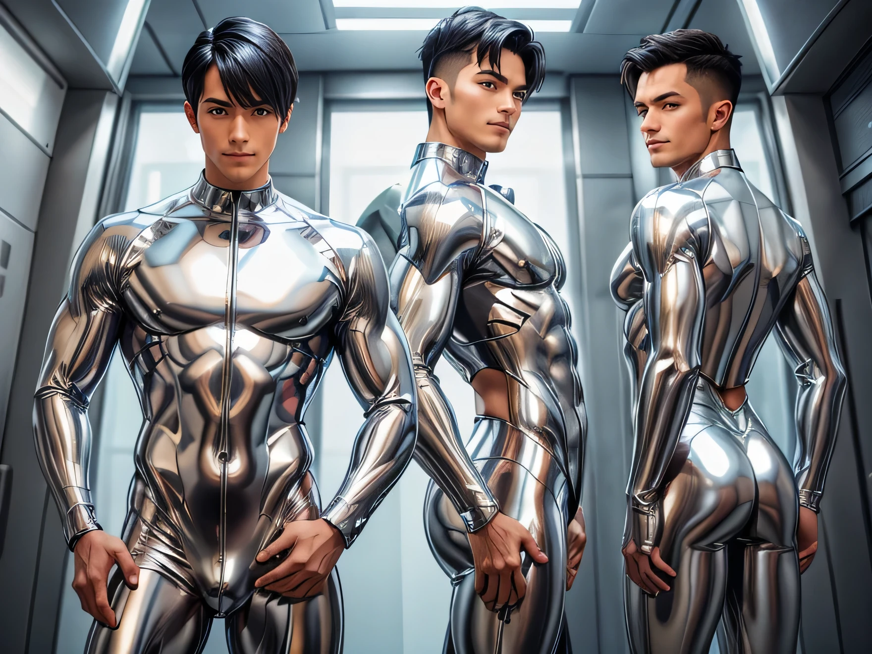 Handsome Japanese male models　　smile　　Fierce　Black Hair　　Short cut　Short bangs　looking at the camera　　　　　Shiny full-body silver suit　　　Shiny silver latex suit　Mega Bulge　looking at the camera　future world　　　　Back viewでお尻を上げて股を広げる　　Peeking out from between her legs　　　Crotch peeｋ　Forward bending　Back view