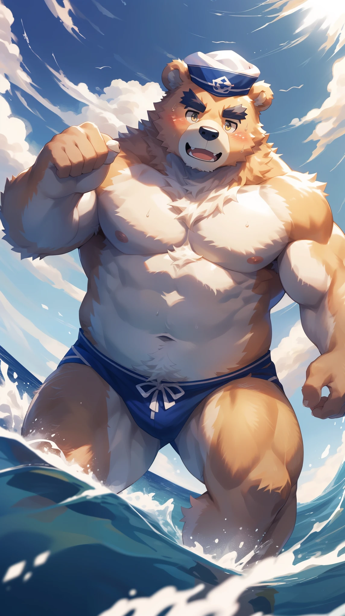 (Vision:1.5), solitary, anthropology, hairy, hairy male, Bear, ((Fluffy fur, Fluffy, hairy body)), (bear print), (Thick eyebrows), youth, muscular, pectoralis major, White fur, Golden pupils, defaced face, Detailed teeth, fundos, sailor, 蓝白条纹sailor服, White beret, on a speedboat, Sailing, sideways, Shy expression, blush, Sweat,  (Dynamic poses:1.5), Clear facial features, Strong, majestic, Solo, panoramic, Fog atmosphere, early morning, Tyndall light effect, on a speedboat, early morning的阳光, (By Empty Ghost, From bear20, masterpiece, high quality, high resolution,8k)