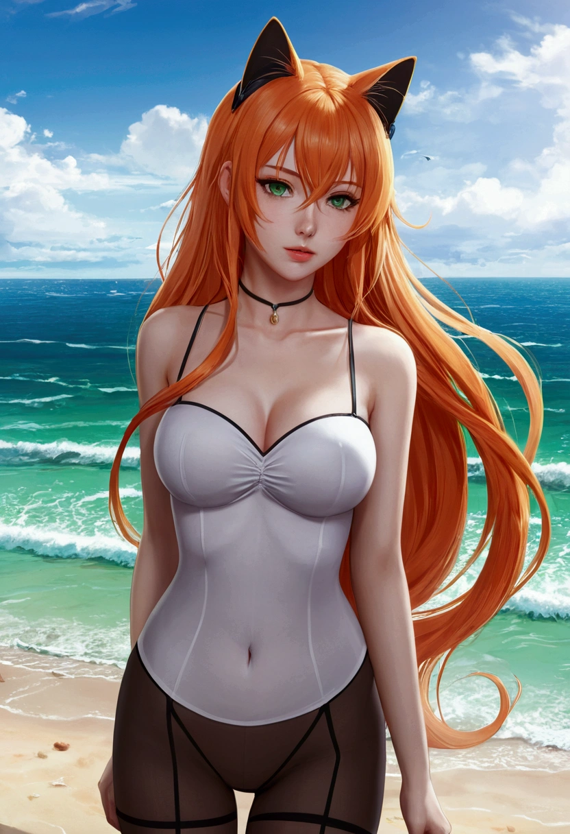 anime girl with long orange hair standing on beach near ocean, green eyes detailed digital anime art, cat ears, , anime girl with long hair, smooth anime cg art, anime girl with long hair, average breast size, digital anime art, artwork in the style of guweiz, beautiful anime portrait, photorealistic anime girl render, beautiful anime girl, advanced digital anime art, pantyhose, guweiz on artstation pixiv upscale HD UHD HQ
