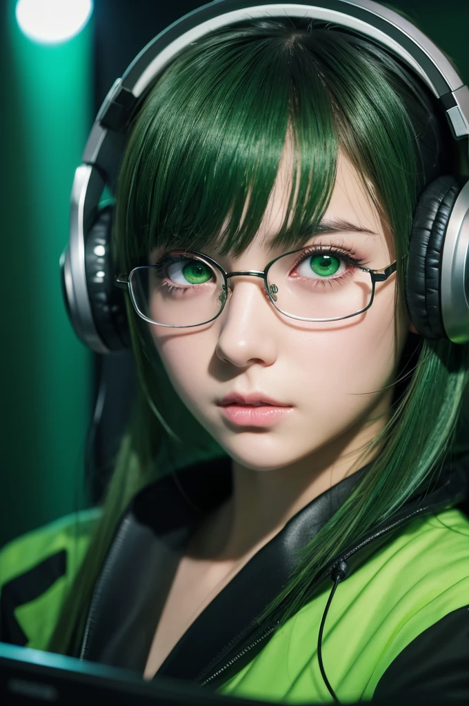 anime, DJ Girl, DJ, DJ girl, Headphones, Highly praised, (Best image quality),masterpiece,Highest quality,extremely detailed CG wallpaper, Ultra_detailed,(Cinema Lighting:1.1), (Cold Face), Green Eyes, One girl, alone, Dark Green_hair, short_hair, masterpiece, Highest quality, Glasses