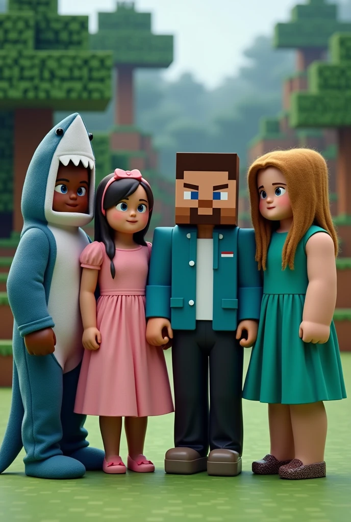 Four Minecraft characters, one in a shark costume, with chocolate skin, another one with a pink dress, another with a blue jacket, and black pants, and the other with a water green dress, with Minecraft background, realisitic