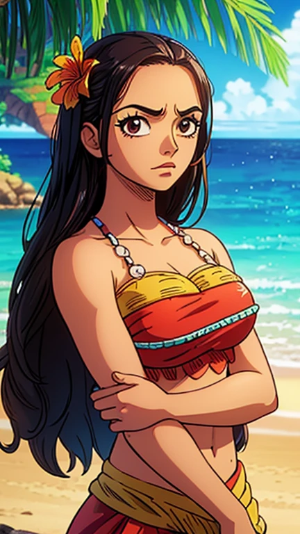 (1girl, moana), (extremely detailed CG unit 8k wallpaper),(master part), (best quality), (ultra detail), (best illustration),(One Piece Style), cowboy shot, (Sharp eyeliner, ombre, detailed eyes:1), exotic tropical beach background, break , upper body,