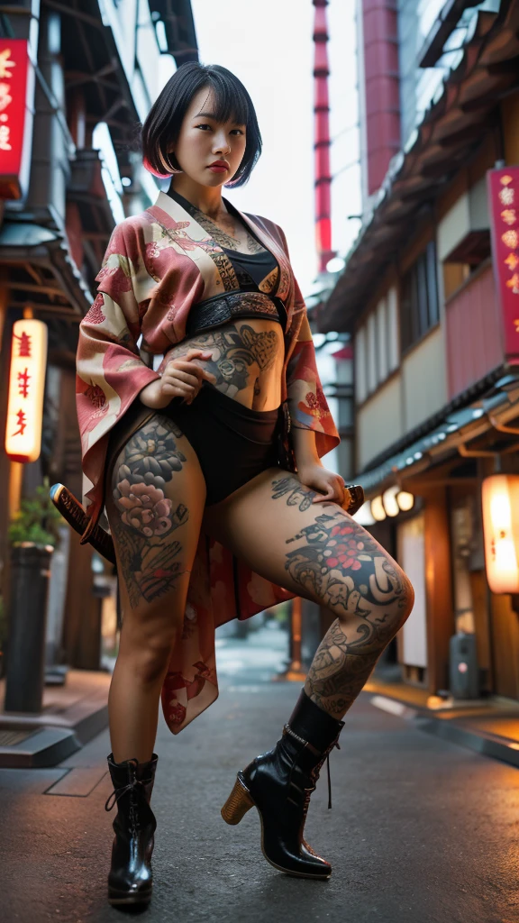 Beautiful Chinese woman, (), cute face, red lips, white moist skin, moles, under-eye bags,
BREAK,
Feminine body with high athletic ability, Body of a female fitness model, Feminine body with hard tones, (Muscles: 1.2), (Beautiful belly button),
BREFighter, Kung Fu fighter, Idol,
BREAK,
(Wearing a cute kimono: 1.3), (Kimono with a high degree of exposure), (Stiletto heel boots 1.3), necklace, very large earrings, short length,
BREAK,
Short hair, (Short bob hair), (Bangs: 1.2), (Colorful hair: 1.3), (Wavy hair),
BREAK,
(Very large Japanese sword: 1.4), (Holding the handle of a Japanese sword: 1.3), (Raising a very large Japanese sword: 1.2), (Getting into a fighting stance), (Japanese sword with a beautiful blade: 1.2)
BREAK,
(Japanese tattoo: 1.4),
BREAK,
Masterpiece, Perfect lighting, Ultra high resolution, 8K, (Very detailed: 1.4), (From the front), Looking at the camera, Melancholic expression,
BREAK,
(Tokyo city, lots of people in the background: 1.2), Shibuya city background in Tokyo, Japan,