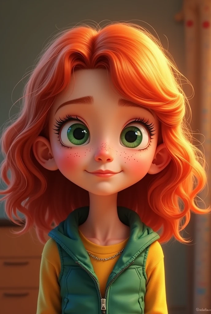 Lucy wilde from despicable me as a 7 year old child (red middle to long hair slightly curly green eyes small freckles big nose thin)