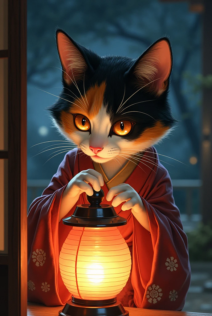Japanese Yokai、Cat、Calico cat wearing traditional Japanese kimono、Night after night, I lick the oil from the lantern、Traditional Japanese House、Detailed facial features、Beautifully detailed eyes、Beautifully detailed mouth、detailed fur texture、Very detailed、Ethereal、Shine、mysterious、Fantasy、Ukiyo-e style、Bright colors、Dramatic lighting、Digital Painting、8k、high quality