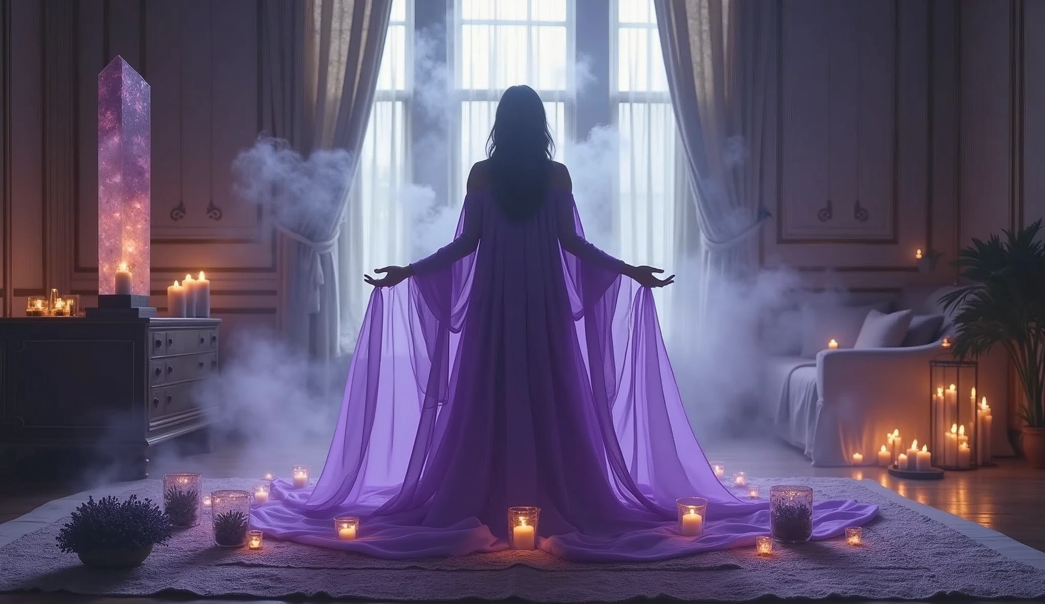 woman in violet priestess cape fumigating the master bedroom of her home with burning herbs and incense, display a lot of smoke, convey depth, in the background bed, glass of lavender, a very large crystal, in the scene small lit candles