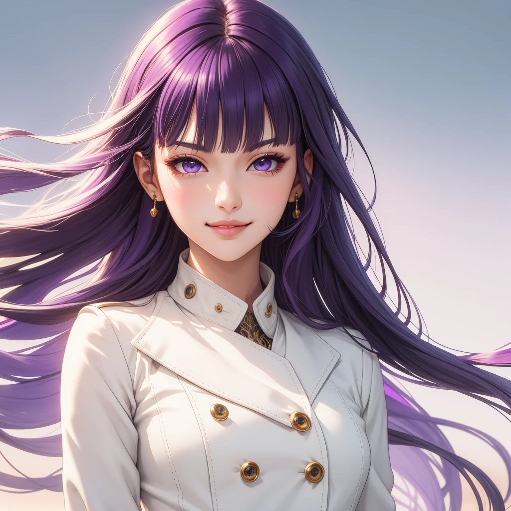 (masterpiece, best quality), intricate details, thin, ((slim)), beautiful girl, purple hair, blunt bangs, light purple eyes, sharp jawline, white coat, long hair, lips, upper body, close up, smirk