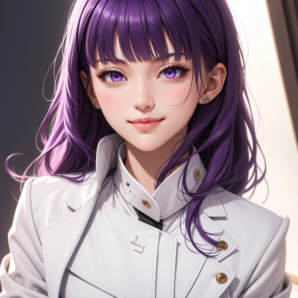(masterpiece, best quality), intricate details, thin, ((slim)), beautiful girl, purple hair, blunt bangs, light purple eyes, sharp jawline, white coat, long hair, lips, upper body, close up, smirk