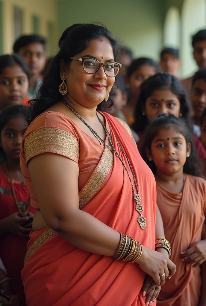 A 30 years old american woman with a large-sized, full figured body shape, ivory white round-shaped face,

She is seen at an orphanage, surrounded by children. Wearing a traditional simple fitted churidar, her sagging breasts are modestly covered. She announces a scholarship program funded by her wealth, ensuring that every child in the orphanage can receive a quality education. The children gather around her, some hugging her, while others show off their new school supplies. Her wealth is clearly being used for the betterment of these young lives.. . she has big breasts.

 Highlighting her every curves, figure,shape.She has a small nose piercing. wearing browline eyeglasses."Tisca chopra's face 