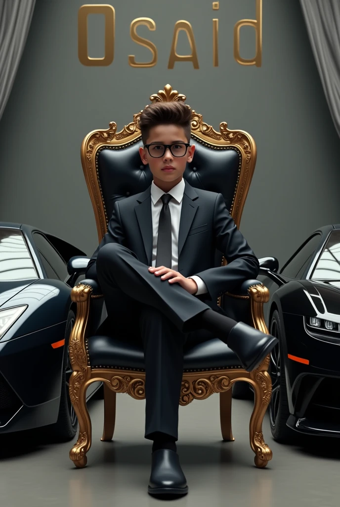 A boy with a black suit and glasses with black glass sitting on a king chair with attitude having leg on other leg having lamborghini and bugati on their side with the gray wall written Osaid on the wall of curve style back ground looking at the left sigeultra realistic image