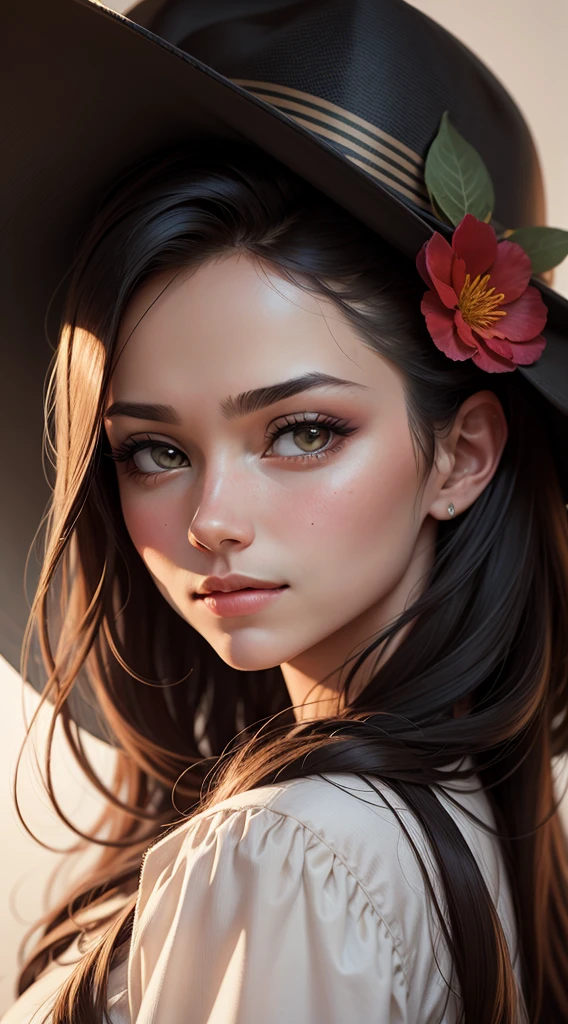 [Em uma folha de caderno de desenho com linhas azuis, A beautiful and intriguing woman looks at the viewer with a faint smile on her lips. Ela tem cabelos longos e escuros, que caem sobre os seus ombros. She wears a black hat adorned with red flowers, yellow and purple on the head. The hat contrasts with the white background of the leaf. The image is a true work of art of pencil painting, inspirada no estilo realista e detalhado de Diego Koi, um famoso artista italiano.]