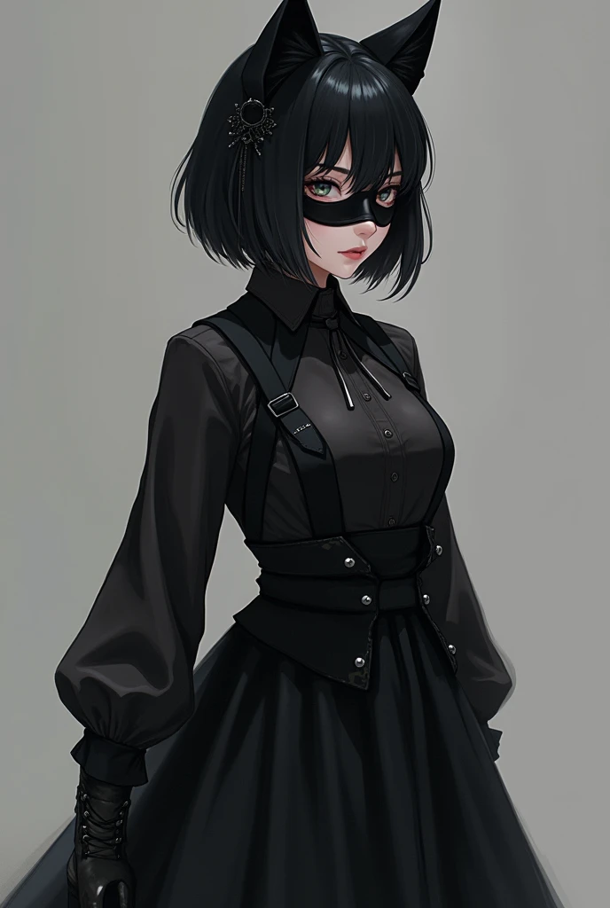 Female, Anime, Short black-haired, Faired skin, Black fox mask covering her face, Black long-sleeved shirt, Black medium-skirt, Black boots