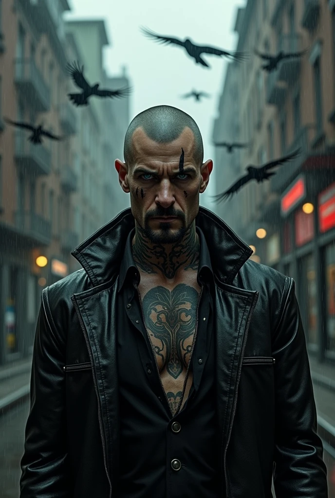 Tattod male model shaved head pointy mustache, soul pach, very visible glasgow smile scars, as a crow (comicbook and film caracter) in a dark and wett city crows flying in the becground