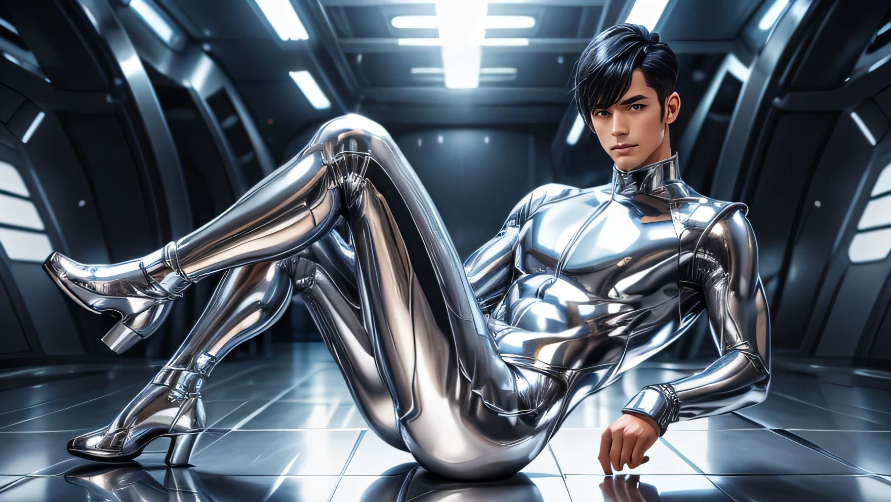 Handsome Japanese male models　　22 years old　smile　　Fierce　Black Hair　　Short cut　Short bangs　looking at the camera　　　　　Shiny full-body silver suit　　　Shiny silver latex suit　Mega Bulge　looking at the camera　future world　　　　Dynamic　Dynamic pose